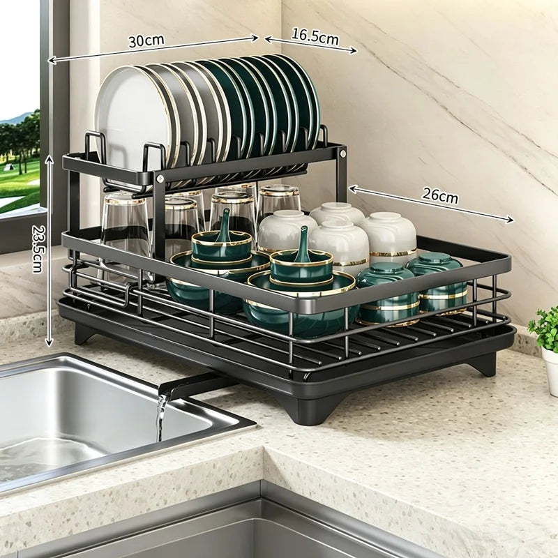 Extendable 2-Tier Metal Dish Drying Rack, Large Capacity Dish & Utensil Holder with Drain Board for Kitchen Countertop