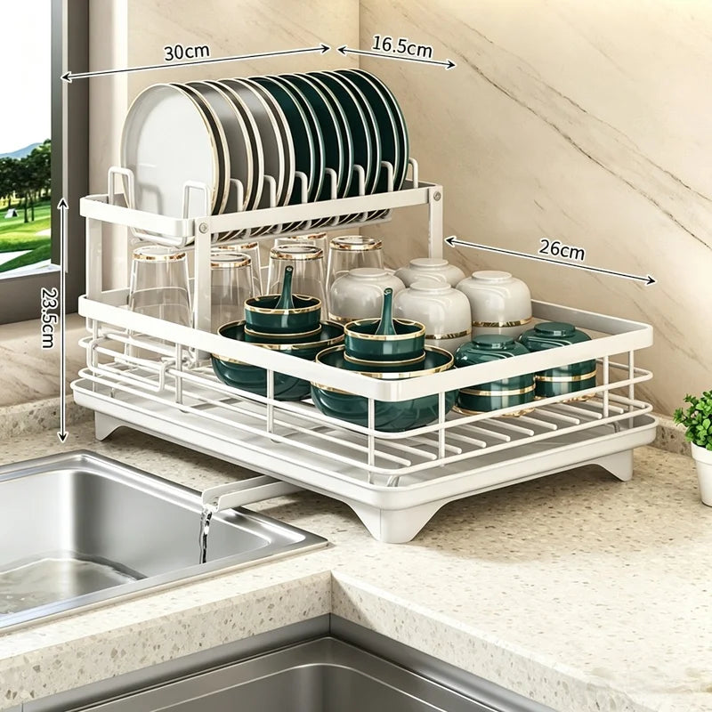 Extendable 2-Tier Metal Dish Drying Rack, Large Capacity Dish & Utensil Holder with Drain Board for Kitchen Countertop