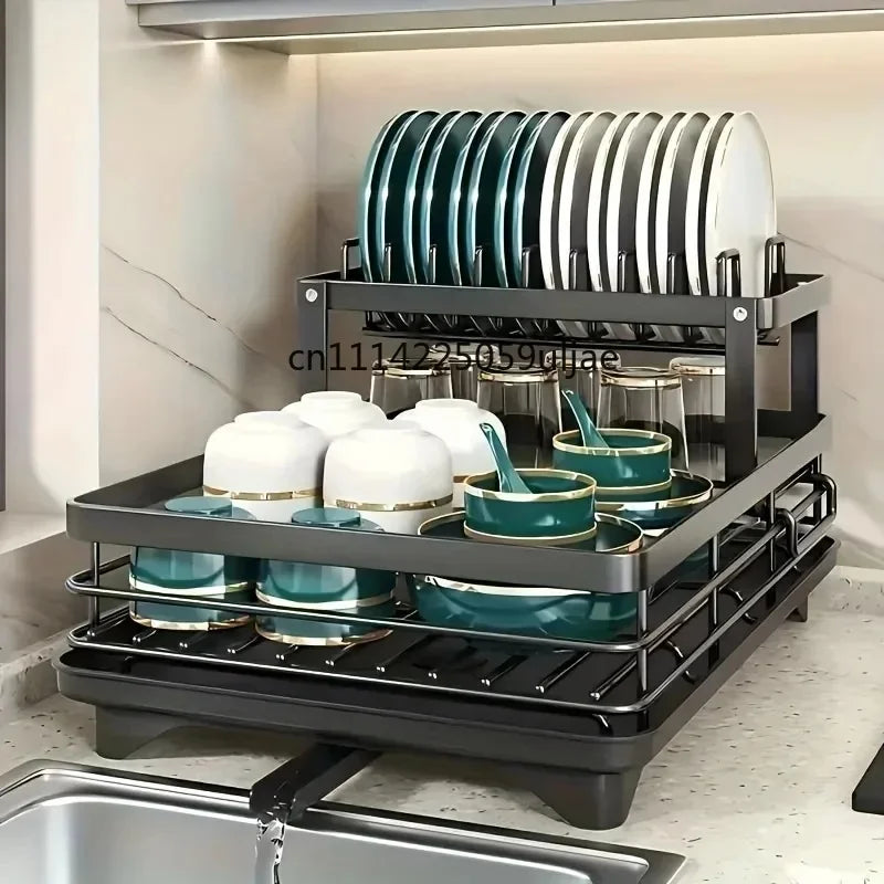 Extendable 2-Tier Metal Dish Drying Rack, Large Capacity Dish & Utensil Holder with Drain Board for Kitchen Countertop