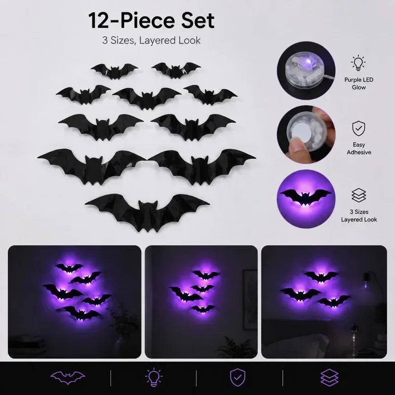 12 Set Purple LED Bat Wall Lights - Halloween Decoration