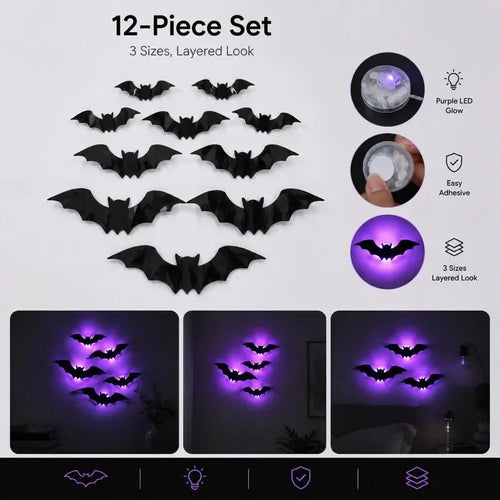 12 Set Purple LED Bat Wall Lights - Halloween Decoration