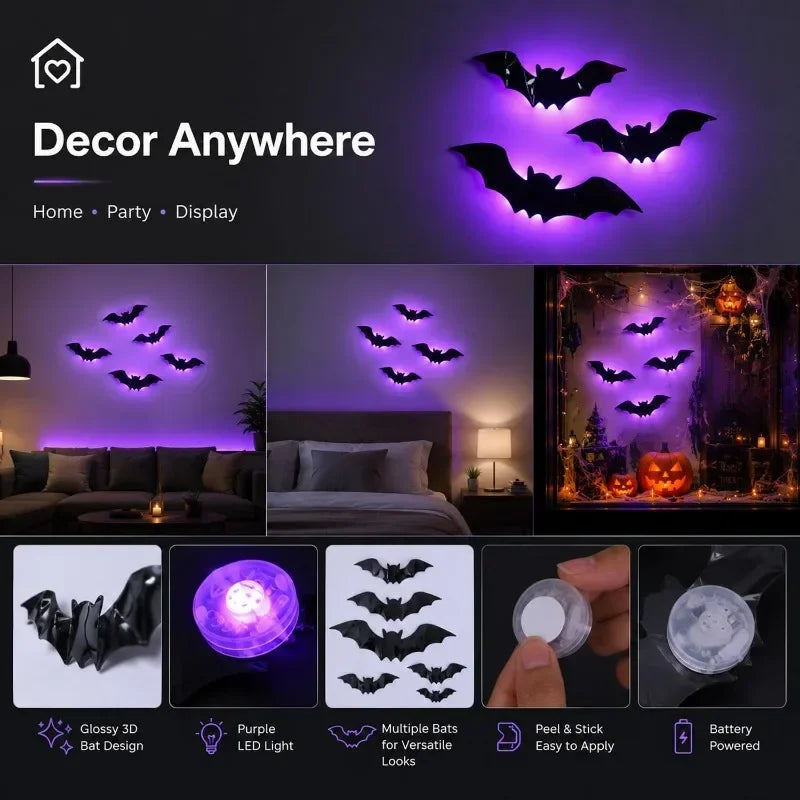 12 Set Purple LED Bat Wall Lights - Halloween Decoration