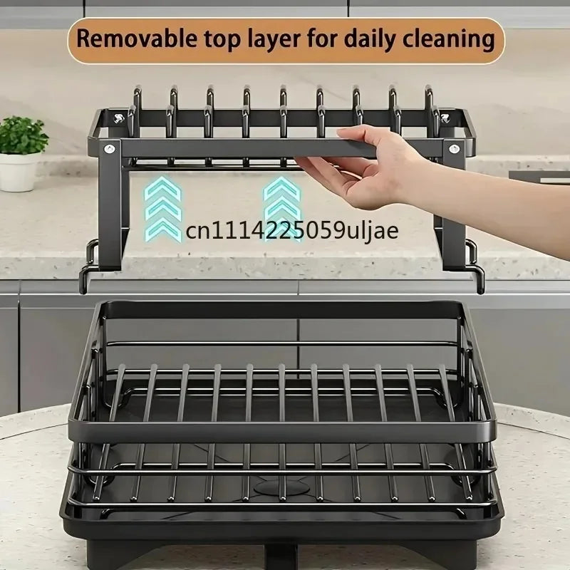 Extendable 2-Tier Metal Dish Drying Rack, Large Capacity Dish & Utensil Holder with Drain Board for Kitchen Countertop