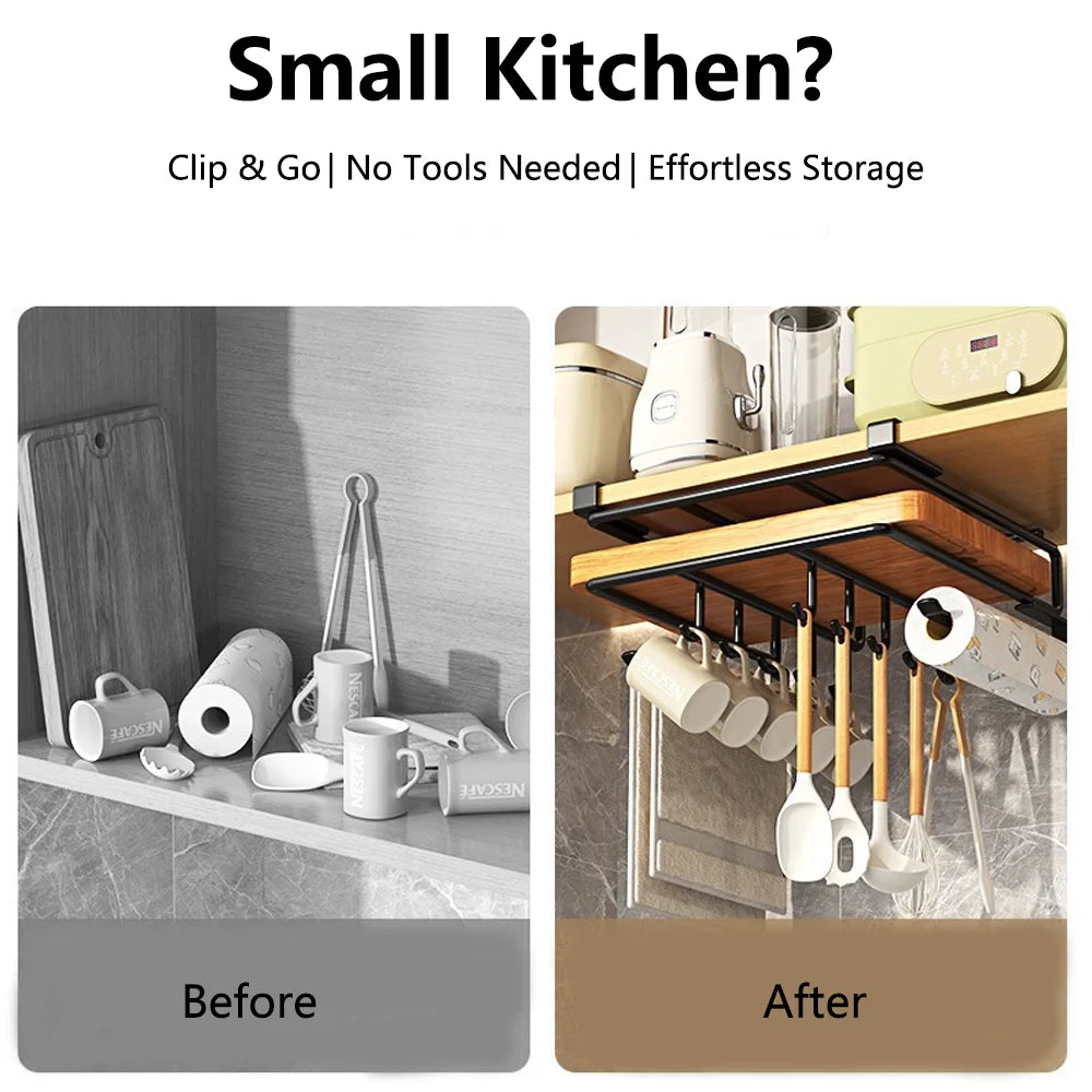 Under Cabinet Kitchen Organiser Rack with Hooks & Storage Shelf