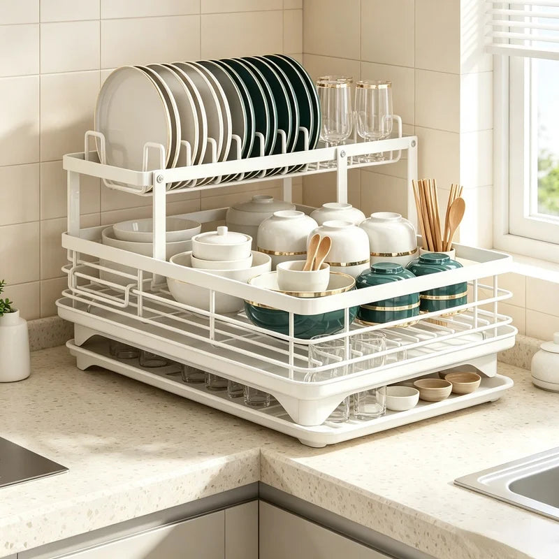 Extendable 2-Tier Metal Dish Drying Rack, Large Capacity Dish & Utensil Holder with Drain Board for Kitchen Countertop