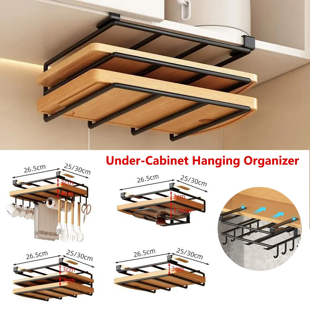 Under Cabinet Kitchen Organiser Rack with Hooks & Storage Shelf