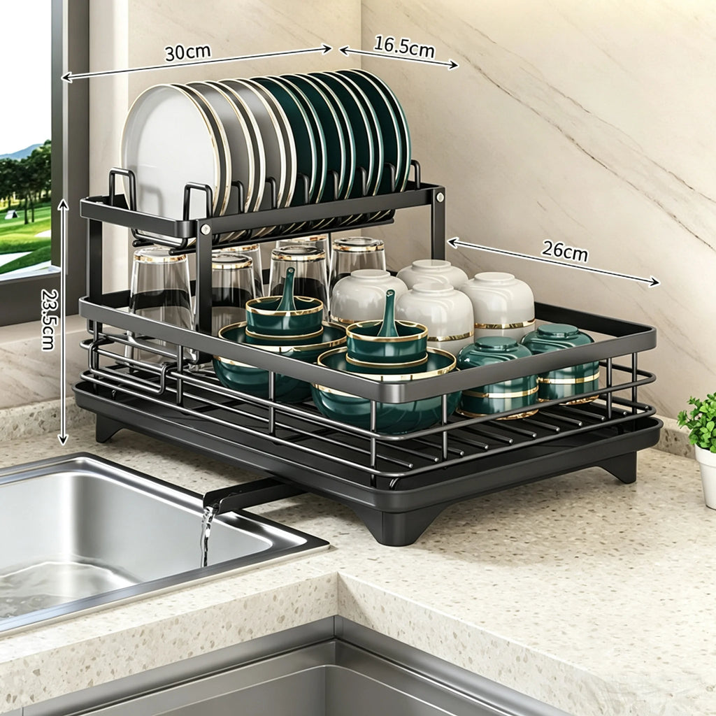 Extendable 2-Tier Metal Dish Drying Rack, Large Capacity Dish & Utensil Holder with Drain Board for Kitchen Countertop