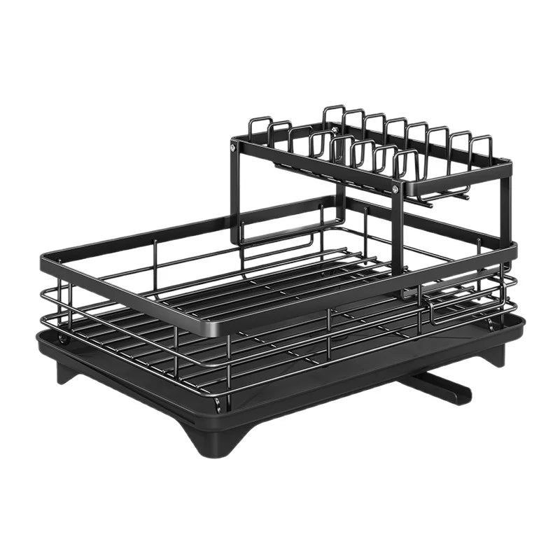 Extendable 2-Tier Metal Dish Drying Rack, Large Capacity Dish & Utensil Holder with Drain Board for Kitchen Countertop